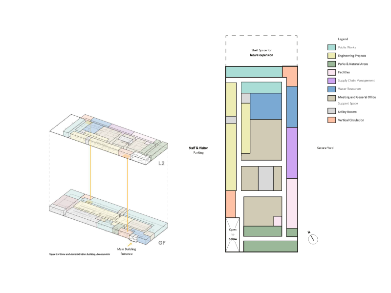 Floor plan for second floor of Crew and Administration building highlighting various space for multiple departments and an isometric view of the Crew and Administration building..