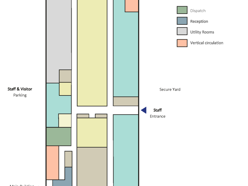 Floor plan for first floor of Crew and Administration building highlighting crew support areas, workshops, meeting rooms and reception with clear staff and visitor access points.